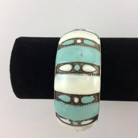 Blue and White Multi Strand Beaded Necklace with Metal Striped Bangle Bracelet - Picture 2 of 12